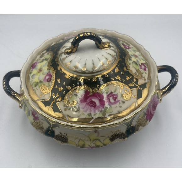 VTG Japanese‎ Porcelain Moriage Hand Painted 2 Handles Covered Serving Bowl Gold - Picture 4 of 15